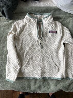Vineyard Vines Cream Quilted Half-Zip with Seafoam Trim